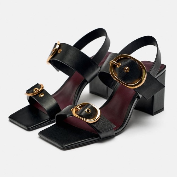 NWT. Zara Black Leather Block Heel Buckled Sandals. Size 9. - Picture 2 of 11
